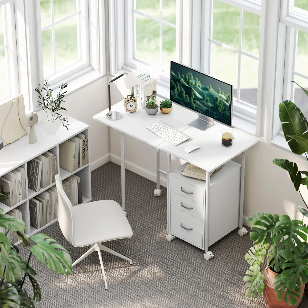 Bureau pliable sur roulettes avec 3 tiroirs, bureau d'ordinateur, plateau extensible, cadre en acier, 105x51x75,5cm, pour...
