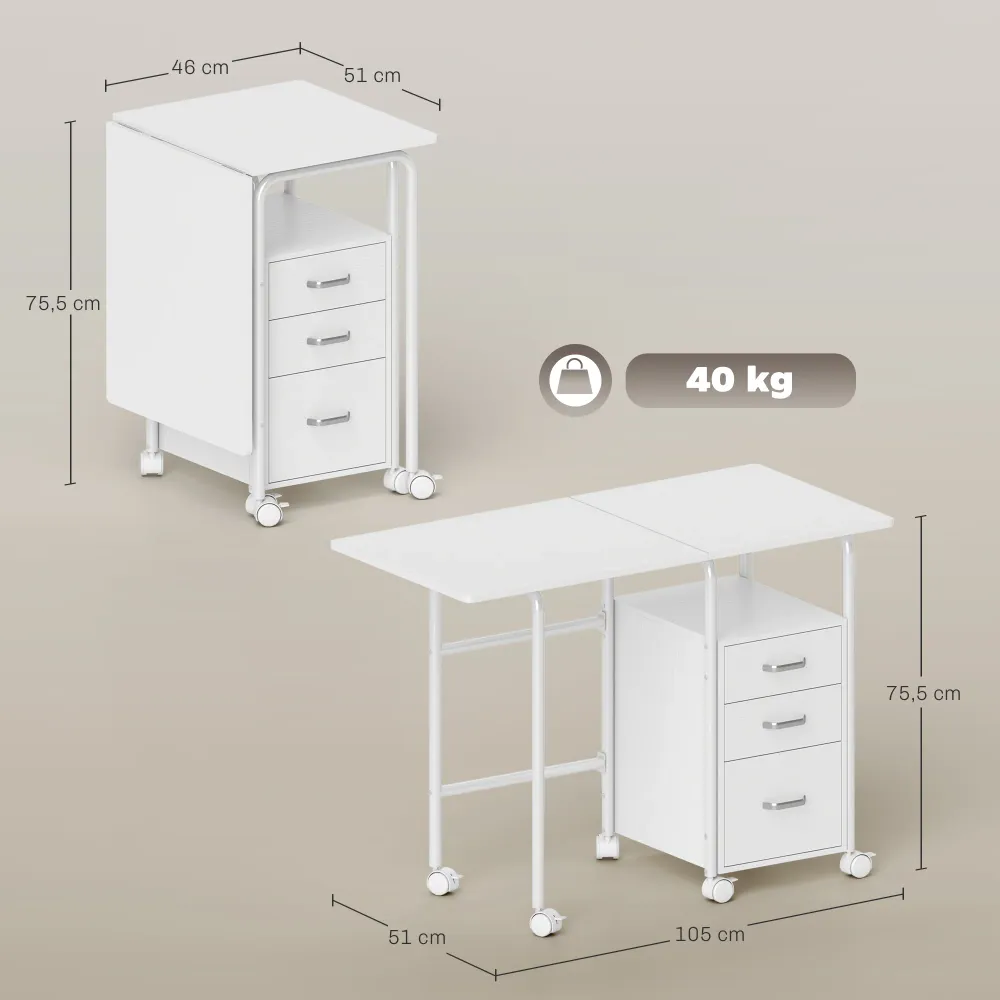 Bureau pliable sur roulettes avec 3 tiroirs, bureau d'ordinateur, plateau extensible, cadre en acier, 105x51x75,5cm, pour...