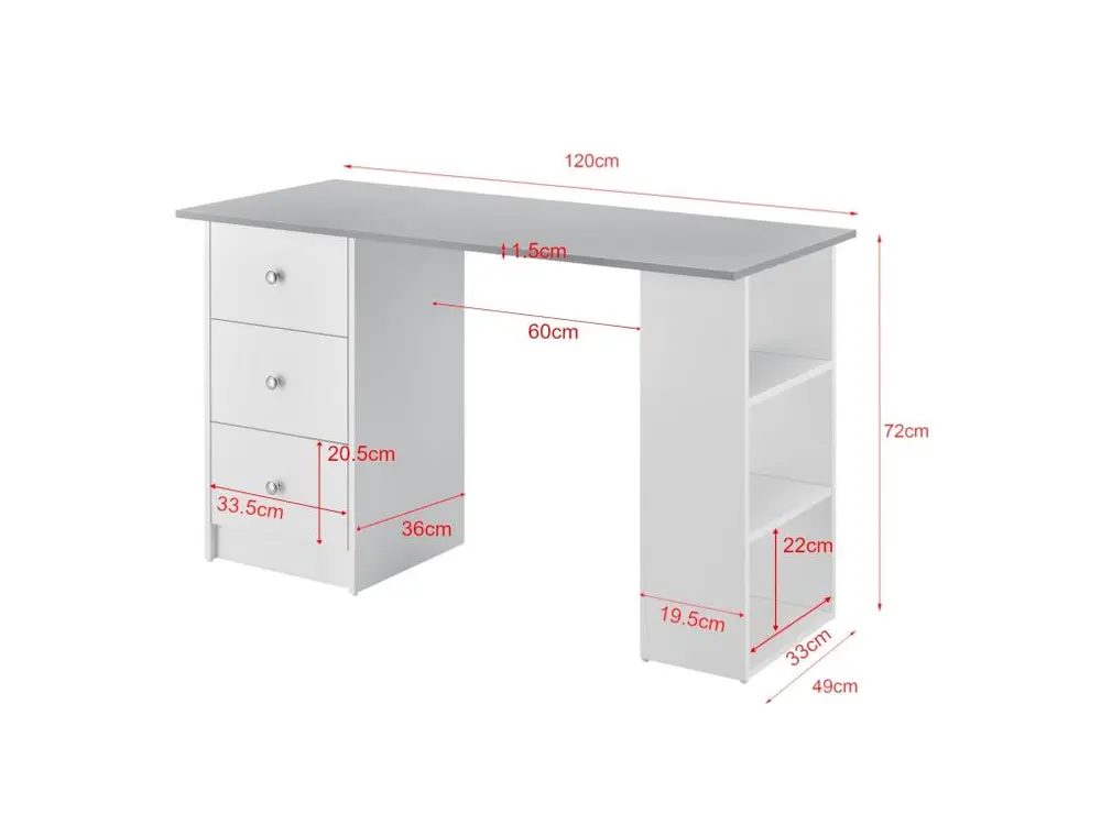 Bureau table de bureau poste de travail informatique avec 3 tiroirs bois mélaminé 120 cm blanc et gris 03_0004710