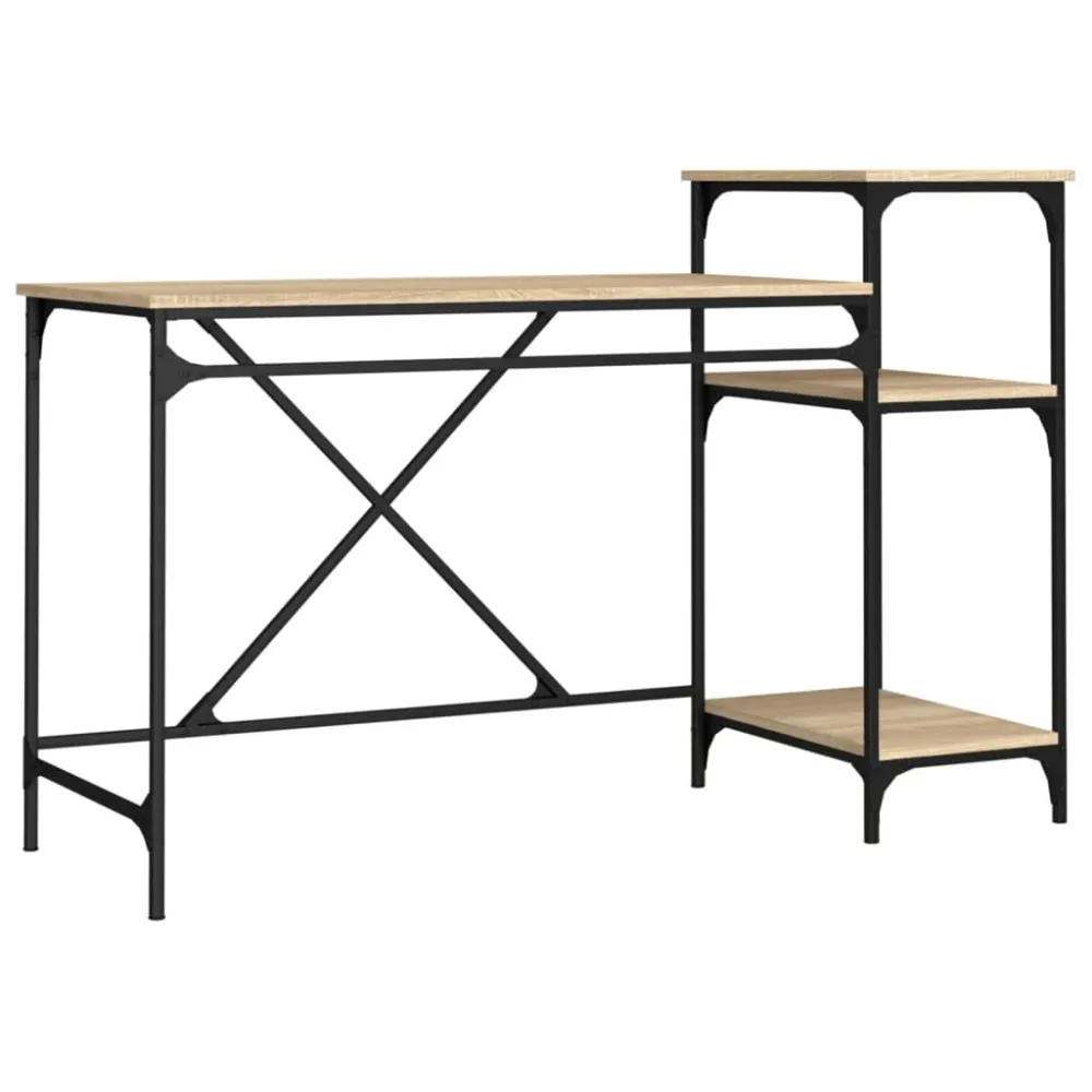 Bureau table poste de travail meuble d'ordinateur informatique étude et étagères chêne sonoma 135 x 50 x 90cm bois ingénie...