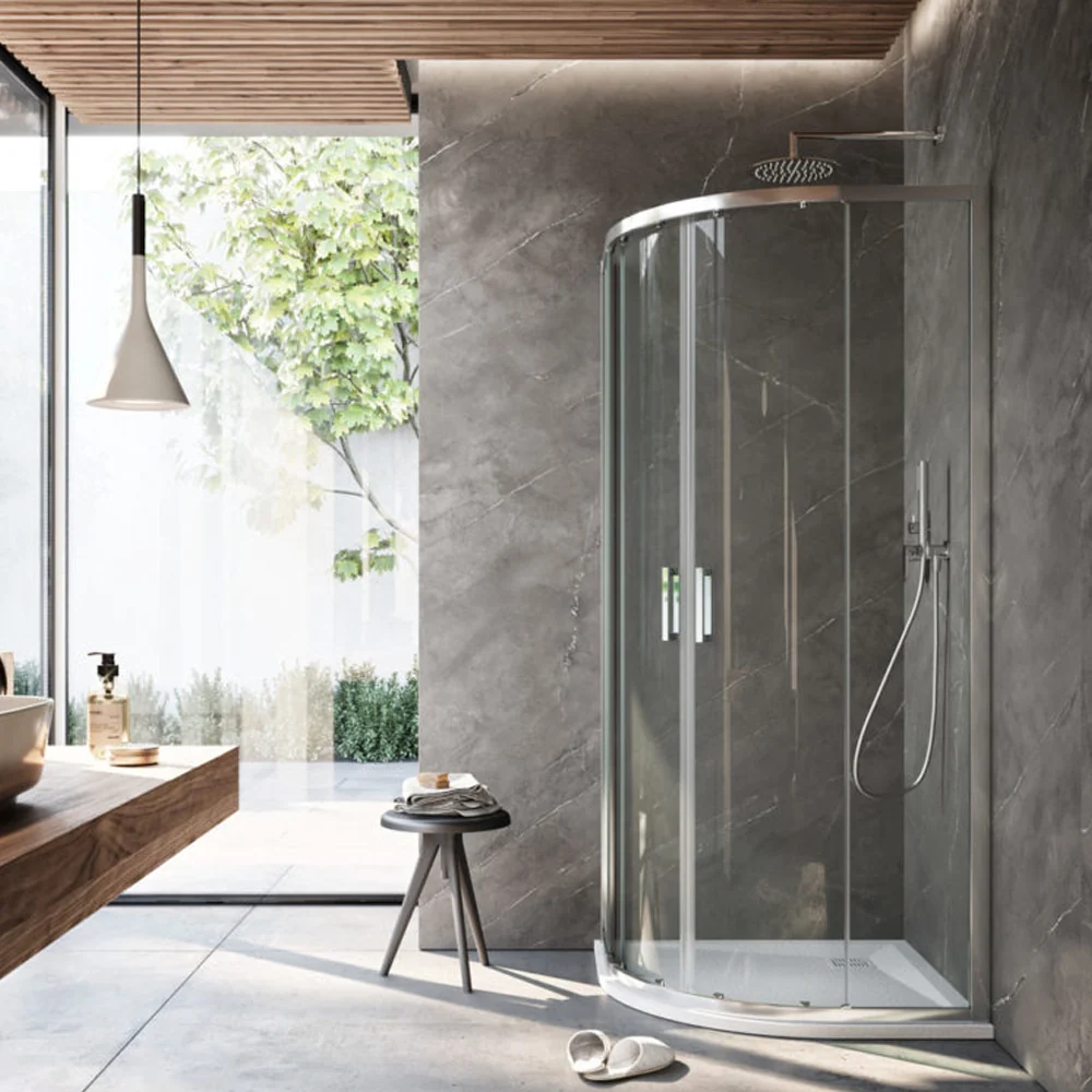 Cabine de douche semi-circulaire ouverture coulissante d'angle réversible 90x90 cm modèle Dioniso en verre cristallin 6 mm
