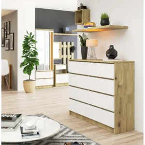 Commode AKORD K120 Chêne Traditionnel 120 cm 8 tiroirs façade Blanche 120x40x99 cm