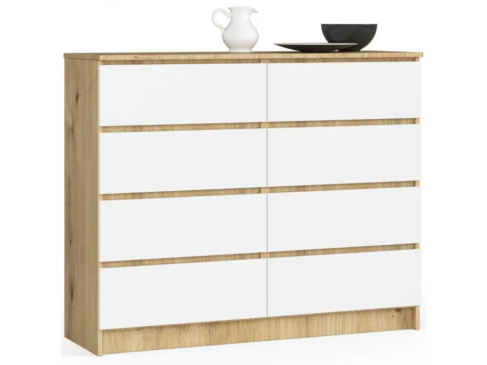 Commode AKORD K120 Chêne Traditionnel 120 cm 8 tiroirs façade Blanche 120x40x99 cm