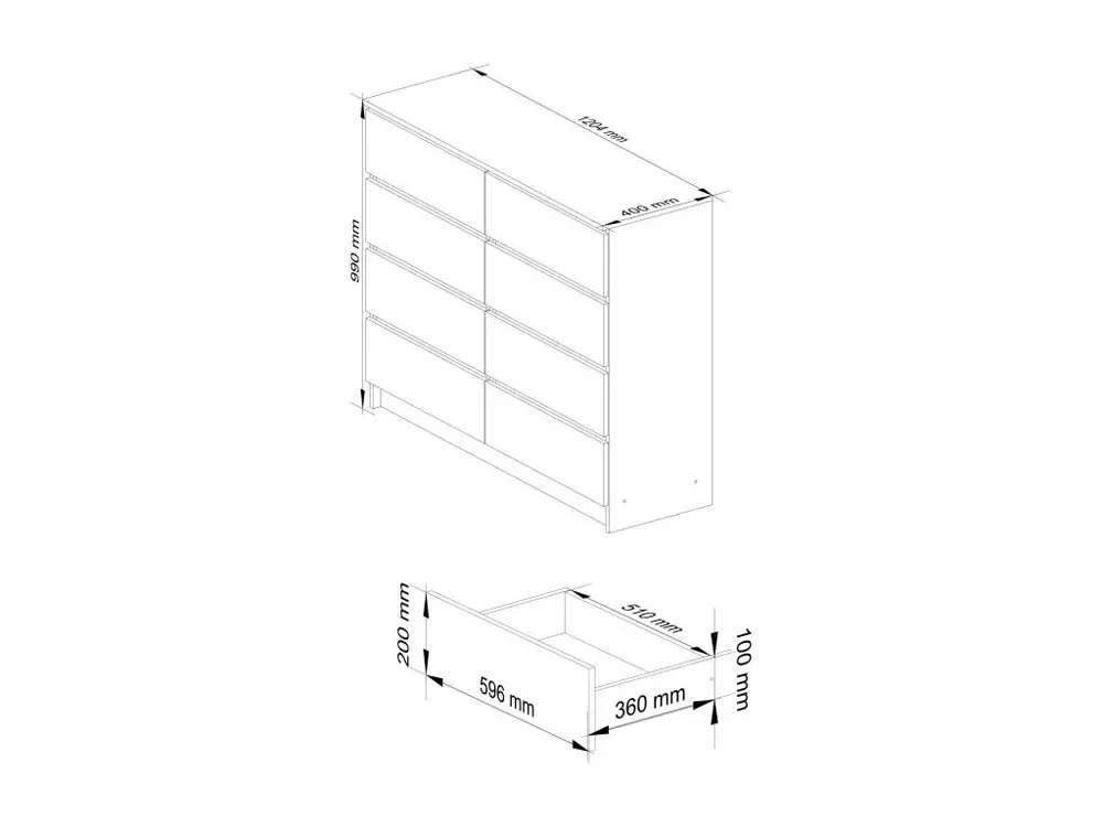 Commode AKORD K120 Chêne Traditionnel 120 cm 8 tiroirs façade Blanche 120x40x99 cm