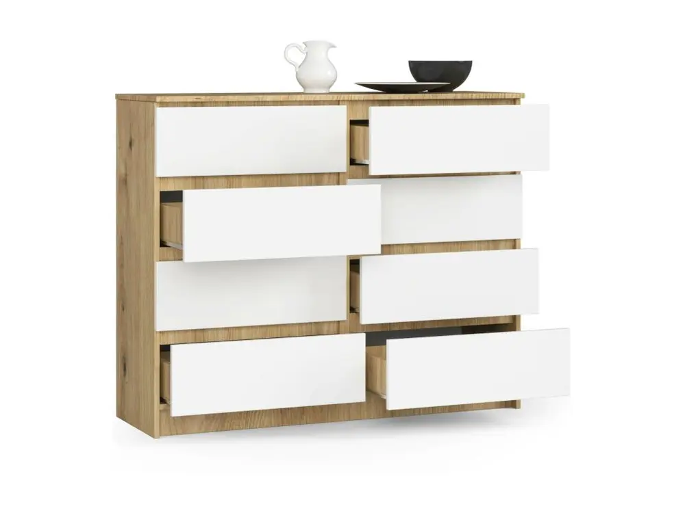 Commode AKORD K120 Chêne Traditionnel 120 cm 8 tiroirs façade Blanche 120x40x99 cm