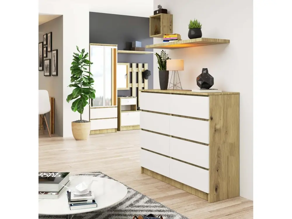 Commode AKORD K120 Chêne Traditionnel 120 cm 8 tiroirs façade Blanche 120x40x99 cm