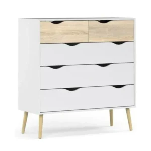 Commode à cinq tiroirs, blanc et chêne, Mesures 98 x 100 x 39 cm