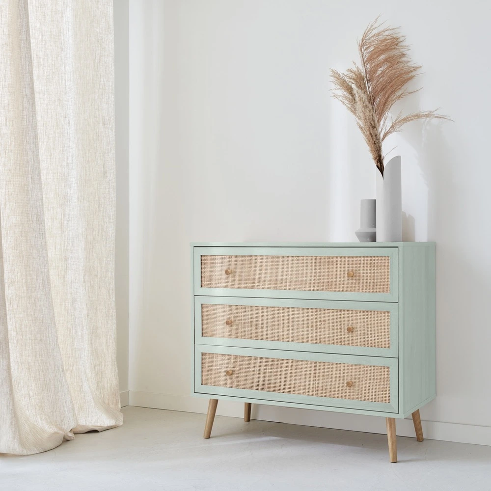 Commode en décor bois vert céladon et cannage 90x39x79cm - bohème - 3 tiroirs