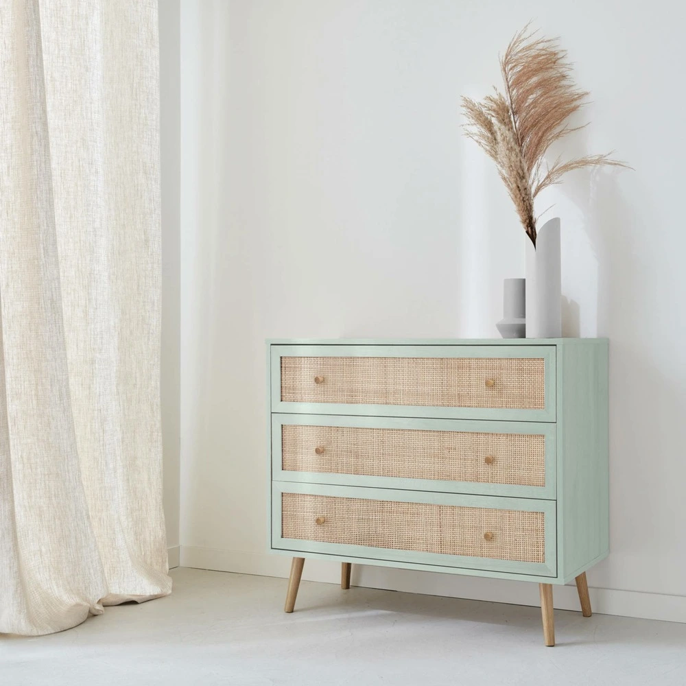 Commode en décor bois vert céladon et cannage 90x39x79cm - bohème - 3 tiroirs