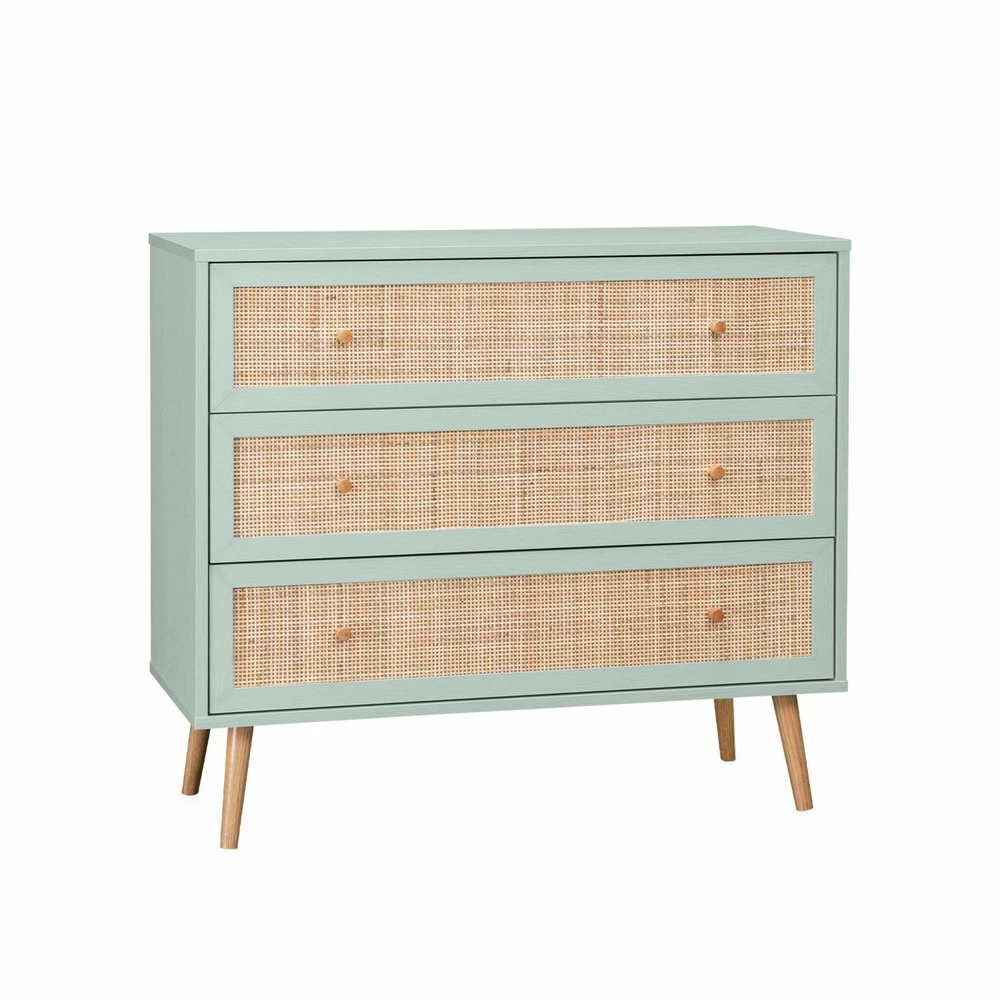 Commode en décor bois vert céladon et cannage 90x39x79cm - bohème - 3 tiroirs