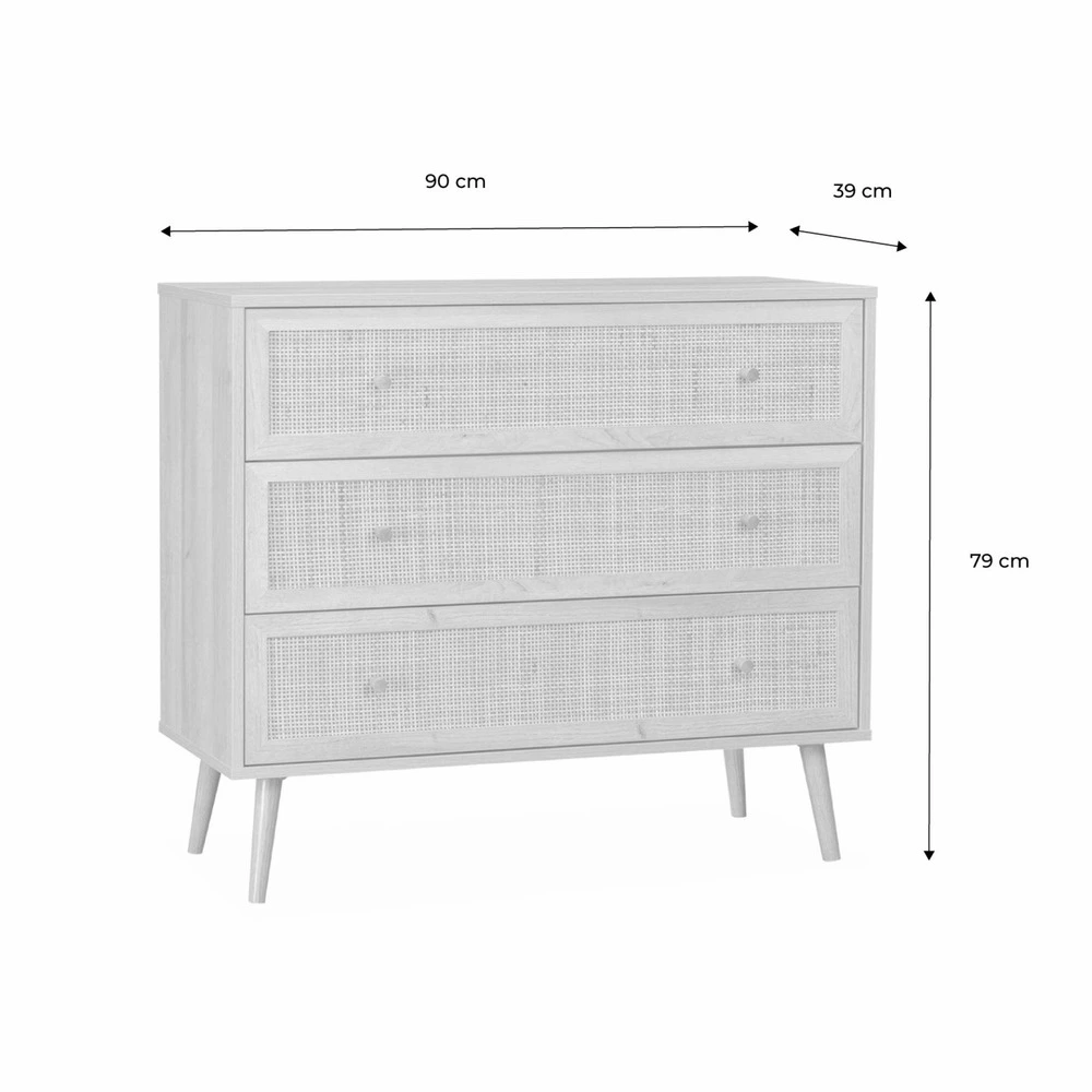 Commode en décor bois vert céladon et cannage 90x39x79cm - bohème - 3 tiroirs