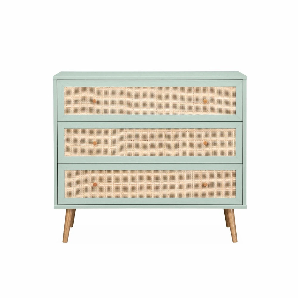 Commode en décor bois vert céladon et cannage 90x39x79cm - bohème - 3 tiroirs