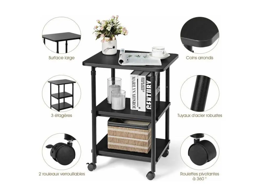 3 Niveaux Support pour Imprimante avec roulettes Pivotantes à 360 ° Mobile Printer Chariot Hauteur du Haut Réglable Concep...
