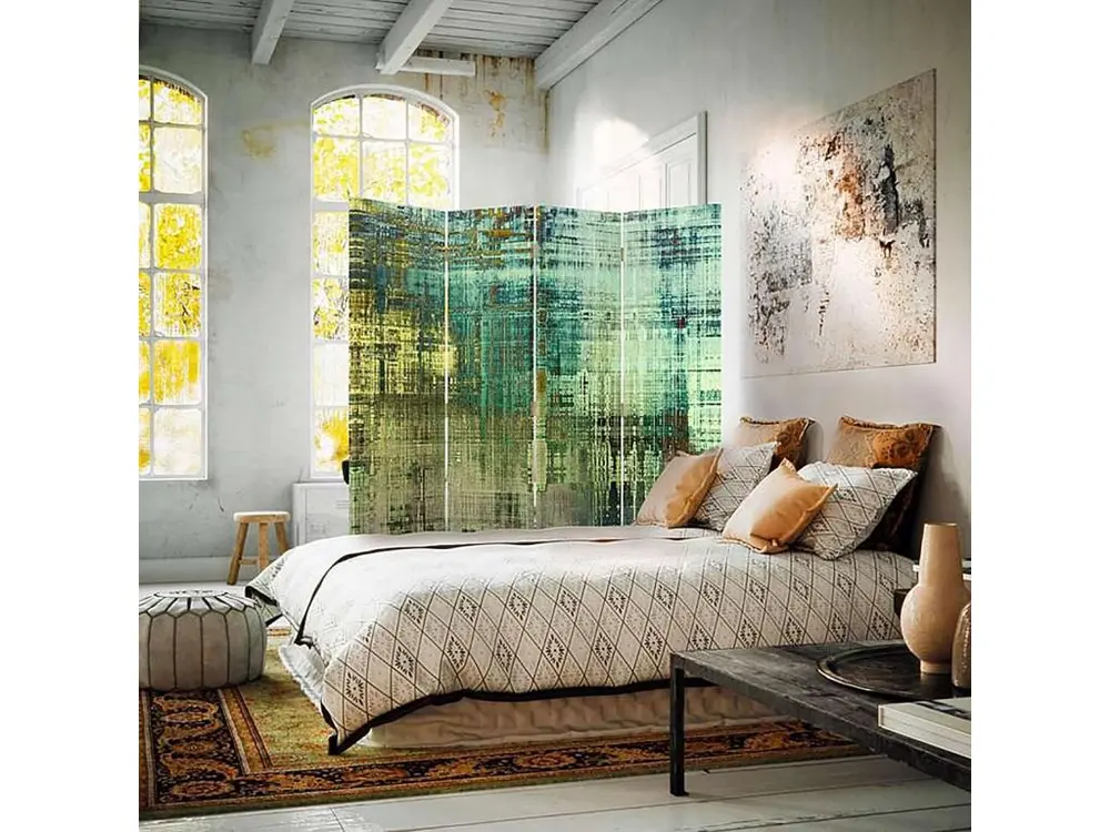 Paravent résumé imaginaire vert 4 volets - 145 x 180 cm - 1 face déco, 1 face noir