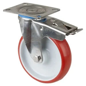 Rouleau de transport en acier inoxydable avec frein W32 mm Ø125 mm jusqu'à 130 kg polyuréthane rouge corps en pla...