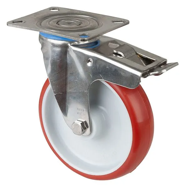 Rouleau de transport en acier inoxydable avec frein W32 mm Ø125 mm jusqu'à 130 kg polyuréthane rouge corps en pla...
