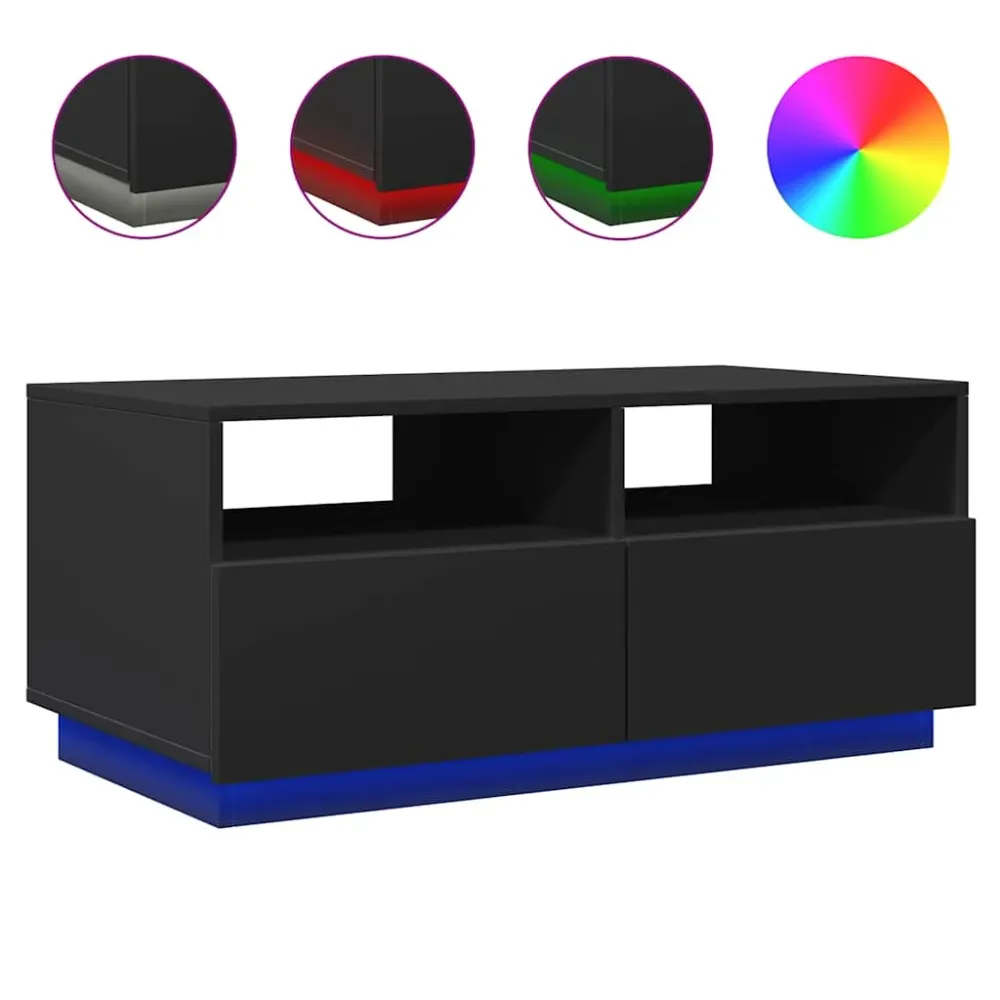 Table basse de salon avec tiroir design tendance avec lumières LED 90 x 49 x 40 cm bois d'ingénierie noir DEC037682