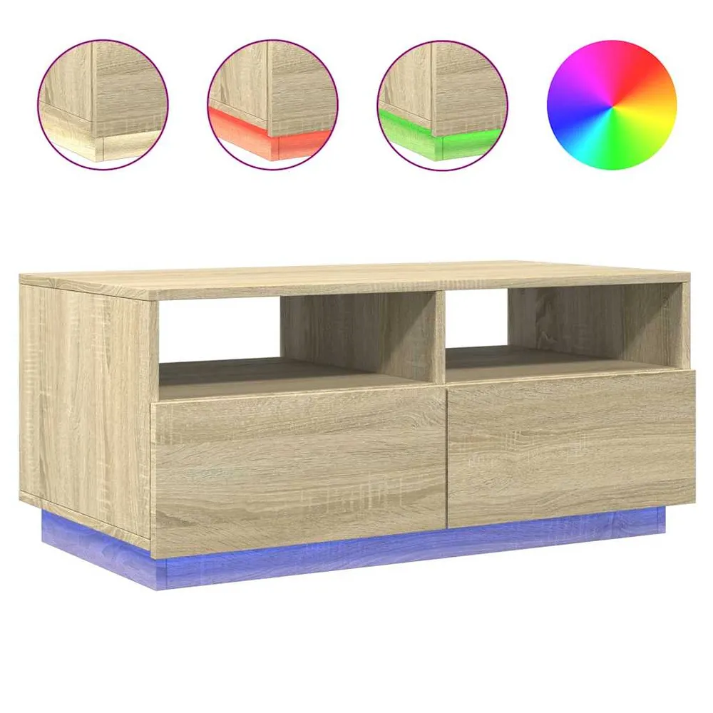 Table basse de salon avec tiroirs design tendance avec lumières LED 90 x 49 x 40 cm bois d'ingénierie couleur chêne DEC037651
