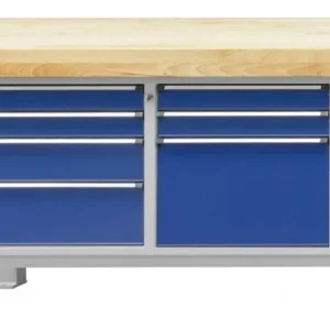 Établi robuste ANKE; 1500x800mm; Hêtre plaque durable; gauche 4 tiroirs 90 90 150 210 mm; droite 3 tiroirs 90 90 360 mm ac...