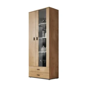 Vitrine Charlotte E105, Noir|Lefkas chêne, Avec tiroirs|Avec des portes, 192x80x41cm