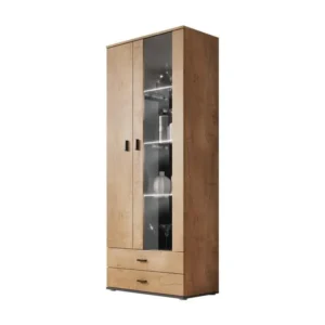 Vitrine Charlotte E105, Noir|Lefkas chêne, Avec tiroirs|Avec des portes, 192x80x41cm