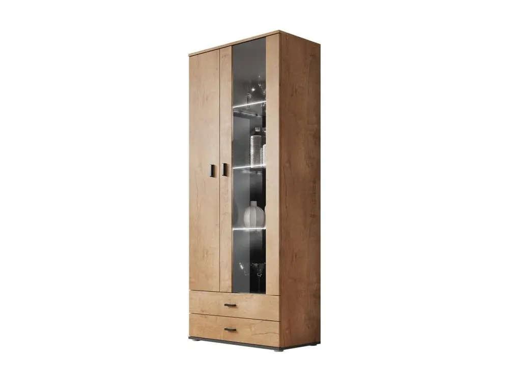 Vitrine Charlotte E105, Noir|Lefkas chêne, Avec tiroirs|Avec des portes, 192x80x41cm