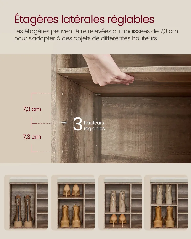 Banc à chaussures meuble d’entrée avec siège étagère à chaussures avec coussin et 9 compartiments étagères réglables pour...