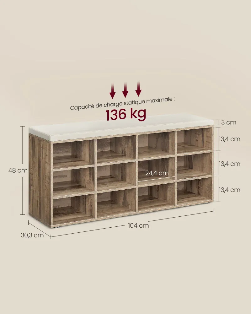 Banc à chaussures meuble d’entrée avec siège étagère à chaussures avec coussin et 9 compartiments étagères réglables pour...