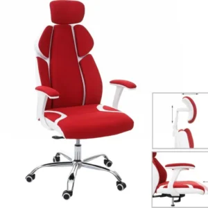 Chaise de bureau HWC-F12, chaise pivotante, tissu + similicuir - rouge/blanc