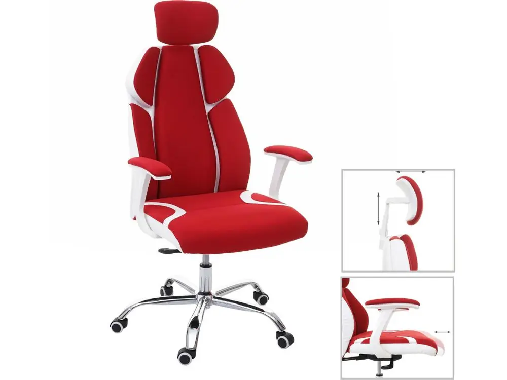 Chaise de bureau HWC-F12, chaise pivotante, tissu + similicuir - rouge/blanc