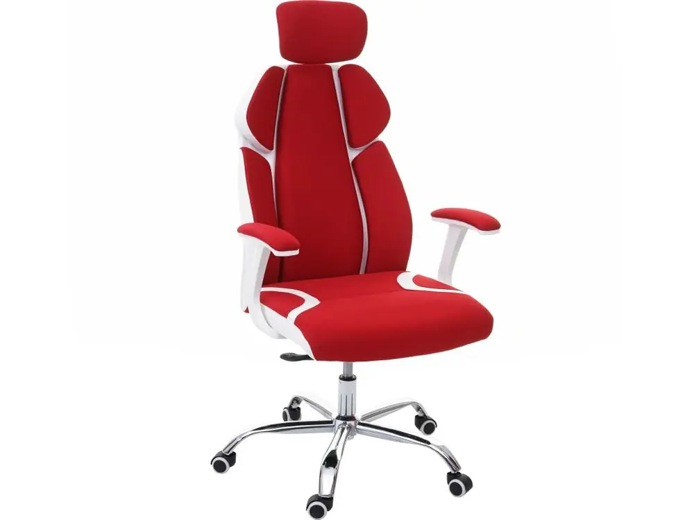 Chaise de bureau HWC-F12, chaise pivotante, tissu + similicuir - rouge/blanc