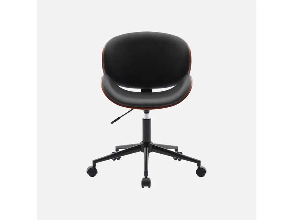 Chaise de bureau à roulettes bois courbé avec placage effet noyer et assise noire pour un espace de travail ordonné