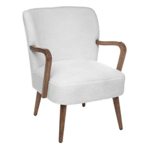 Fauteuil à accoudoirs en bois et tissu blanc à bouclettes