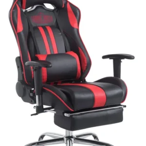 Fauteuil de bureau accoudoirs pivotants avec repose-pieds similicuir noir / rouge cadre métal 10_0006916