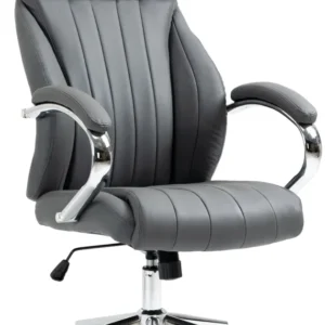 Fauteuil de bureau avec accoudoirs avec surpiqûre verticale en véritable cuir gris cadre en métal chromé 10_0007039