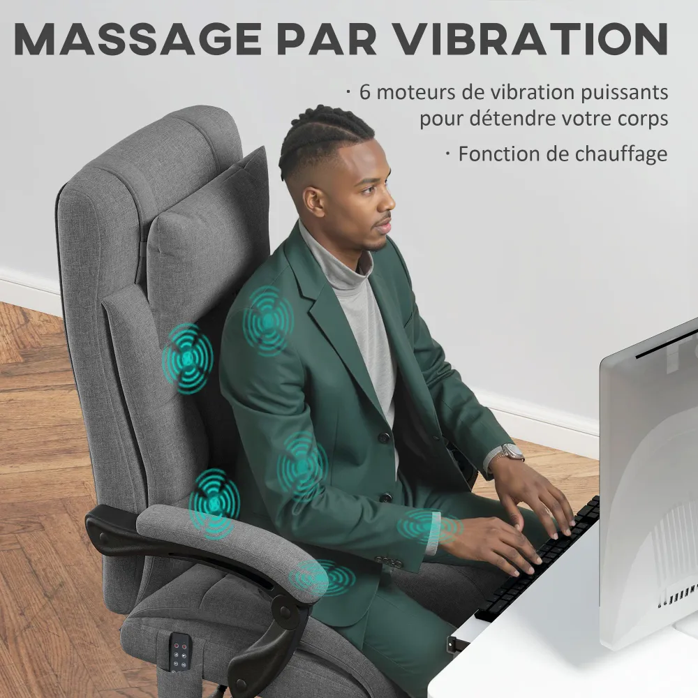 Fauteuil de bureau avec massage et chauffant, chaise de bureau ergonomique, repose-pied, vérin à gaz TUV, appuie-tête amov...
