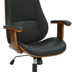 Fauteuil de bureau ergonomique et design avec appuie-tête et accoudoirs en bois marron et similicuir noir BUR10705