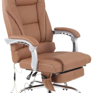 Fauteuil de bureau ergonomique fonction massage avec repose-pieds extensible accoudoirs en véritable cuir marron et métal...
