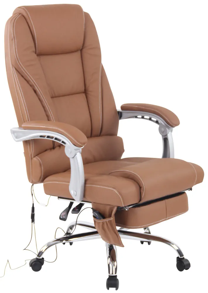 Fauteuil de bureau ergonomique fonction massage avec repose-pieds extensible accoudoirs en véritable cuir marron et métal...