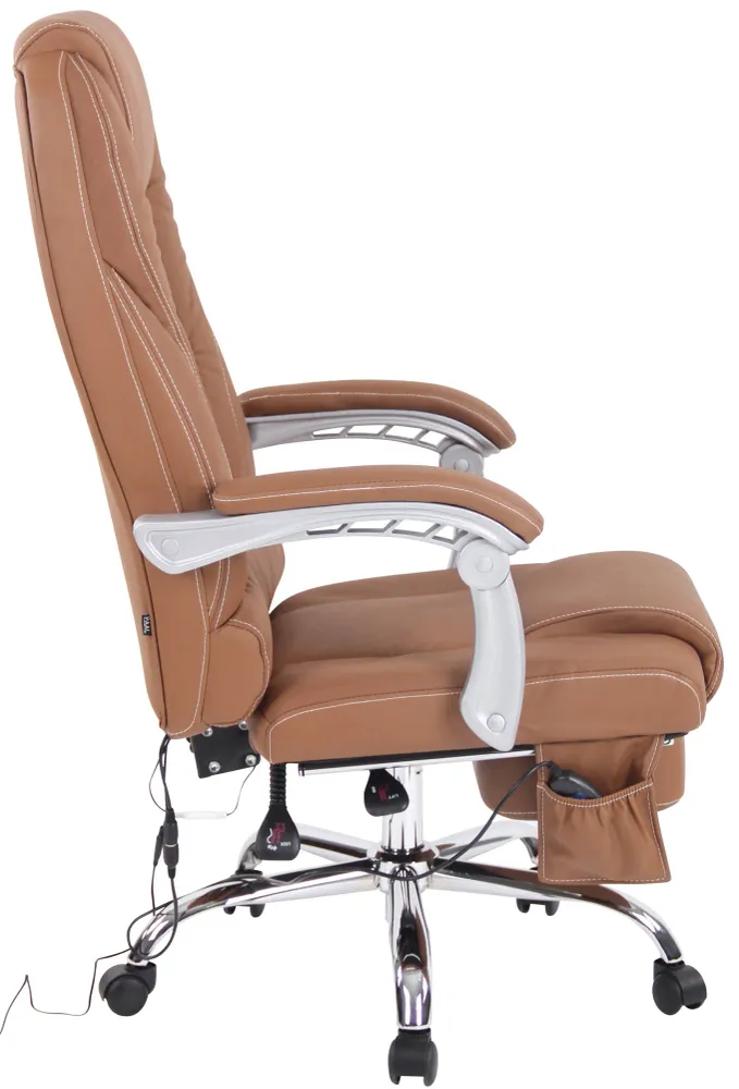 Fauteuil de bureau ergonomique fonction massage avec repose-pieds extensible accoudoirs en véritable cuir marron et métal...
