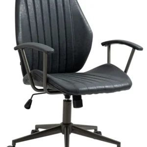 Fauteuil de bureau industriel d'époque sur roulettes avec accoudoirs en synthétique noir vieilli pivotant BUR10690