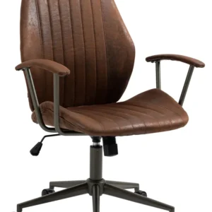 Fauteuil de bureau industriel nostalgique sur roulettes avec accoudoirs en synthétique marron vieilli pivotant BUR10689