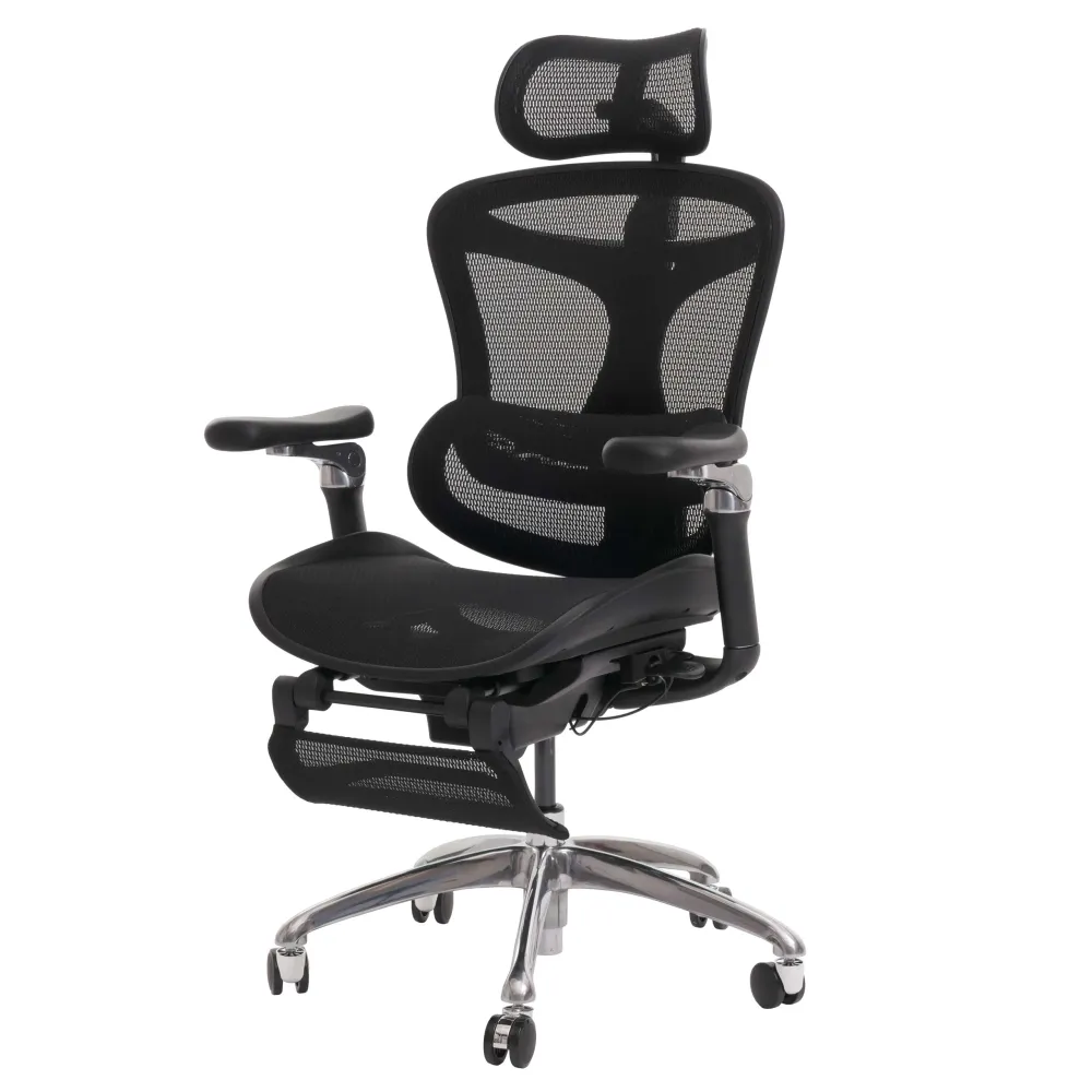 Fauteuil de bureau pivotant support lombaire ergonomique avec repose-pieds rabattable et accoudoirs réglables maille noir...