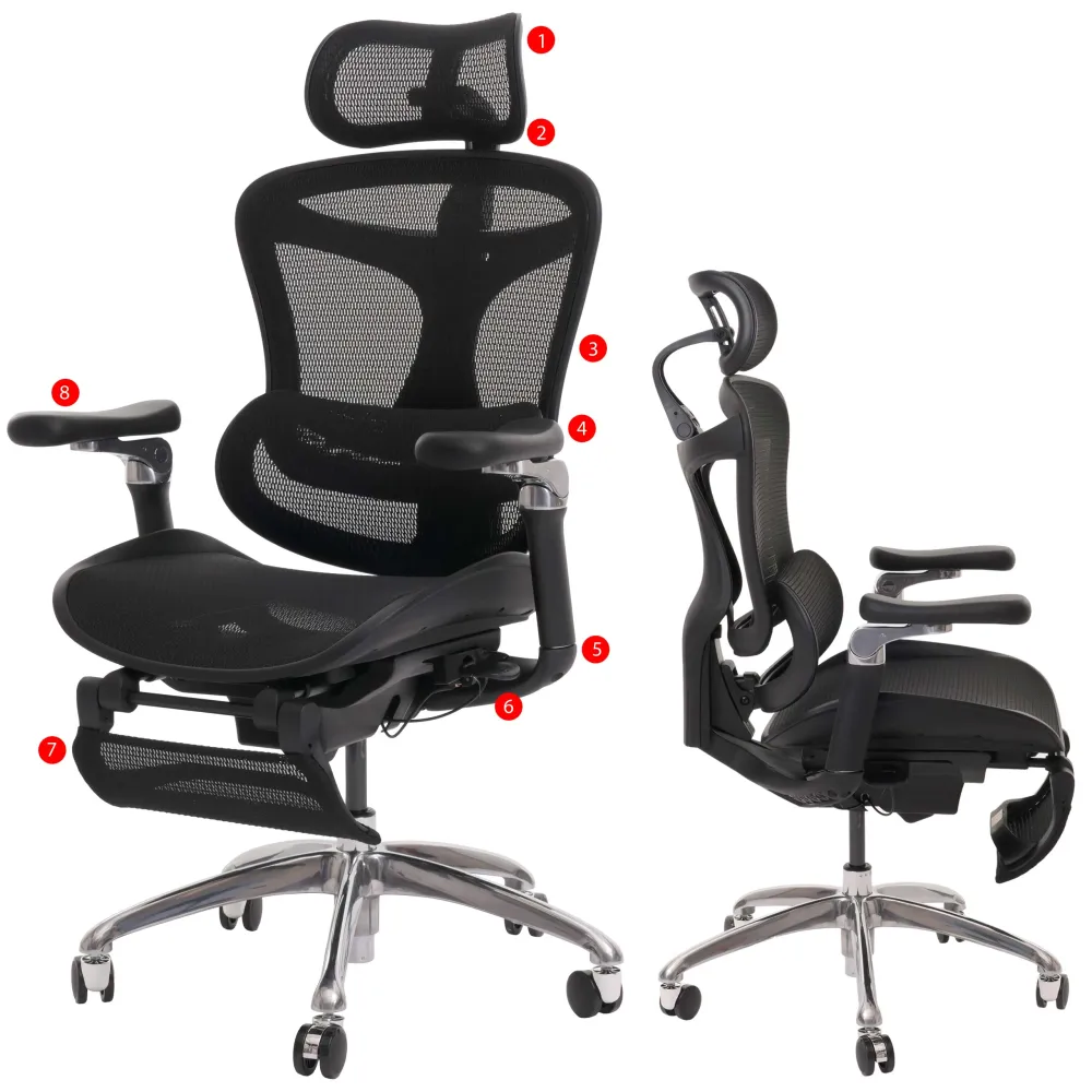 Fauteuil de bureau pivotant support lombaire ergonomique avec repose-pieds rabattable et accoudoirs réglables maille noir...