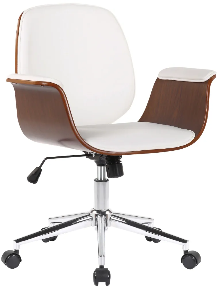 Fauteuil de bureau récent et confortable accoudoirs incurvés hauteur réglable en synthétique blanc bois et métal BUR10556