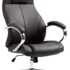 Fauteuil de bureau sur roulettes avec accoudoirs forme ergonomique en véritable cuir marron et métal chromé 10_0002643