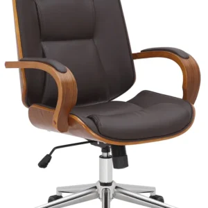 Fauteuil de bureau sur roulettes avec accoudoirs similicuir marron structure en bois courbé et métal 10_0006979
