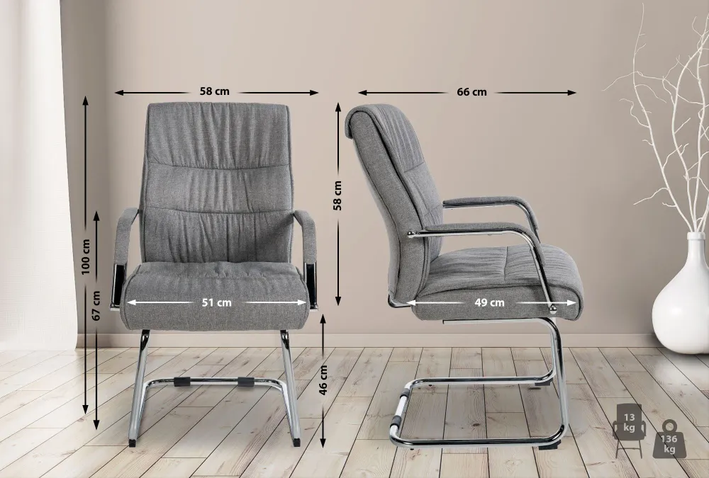 Fauteuil de bureau visiteur avec accoudoirs ergonomique en tissu gris structure en métal chromé 10_0007673