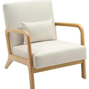 Fauteuil design scandinave en bois évident avec coussins rembourrés crème– Confort naturel 10_0008233