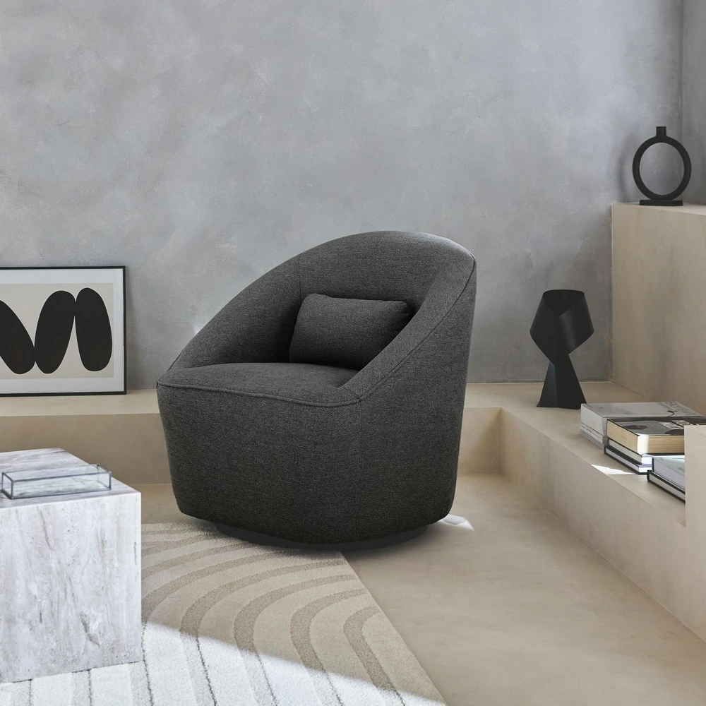 Fauteuil pivotant 360° en tissu gris profond avec coussin. Lana l 80 x p 73 x h77cm